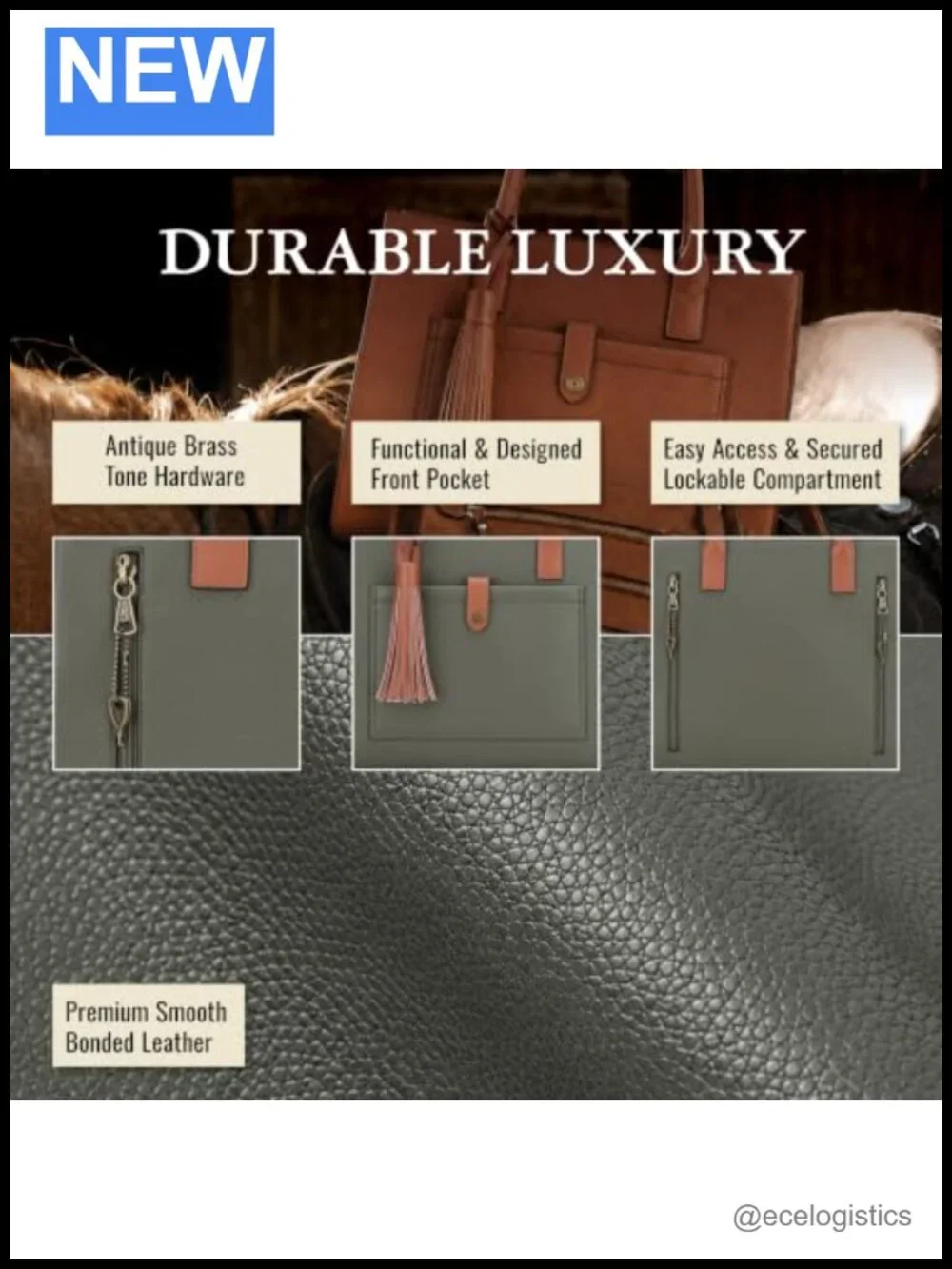 Bonded Leather Tote Bag Lockable Compartment Laptop Work Bag 14